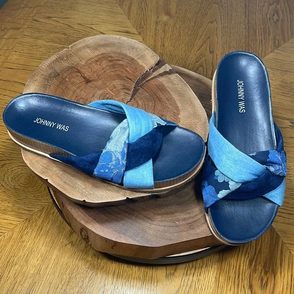 JOHNNY WAS Denim Suede Floral Tapestry Twist Slides - Picture 1 of 16
